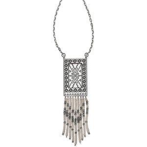 Brighton Africa Stories Long Silver Necklace W/ Beaded Fringe